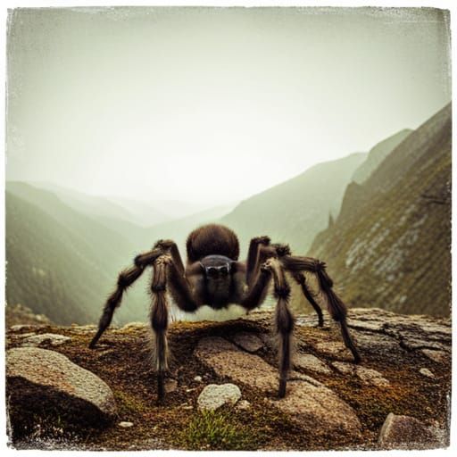Hairy Spider Balances in Mountain Landscape