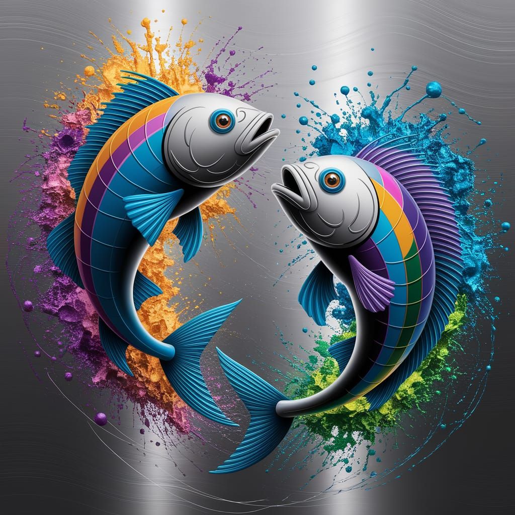 Modern Oil Painting of Two Fish in a Vibrant Underwater Scen...