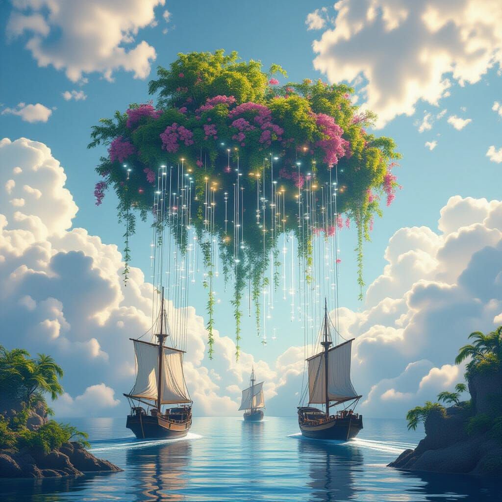 Majestic Floating Garden with Ships in Clouds