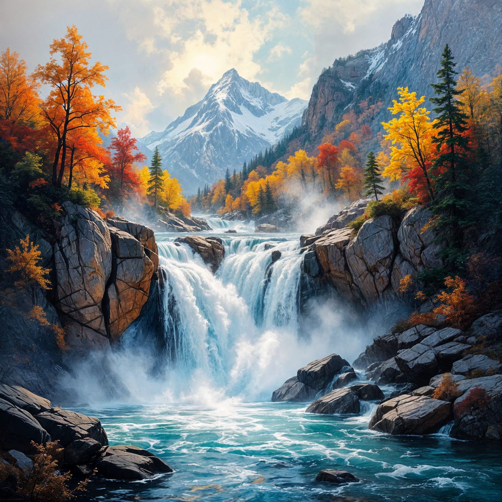 Majestic Mountain Waterfall in Autumn Amidst Mist