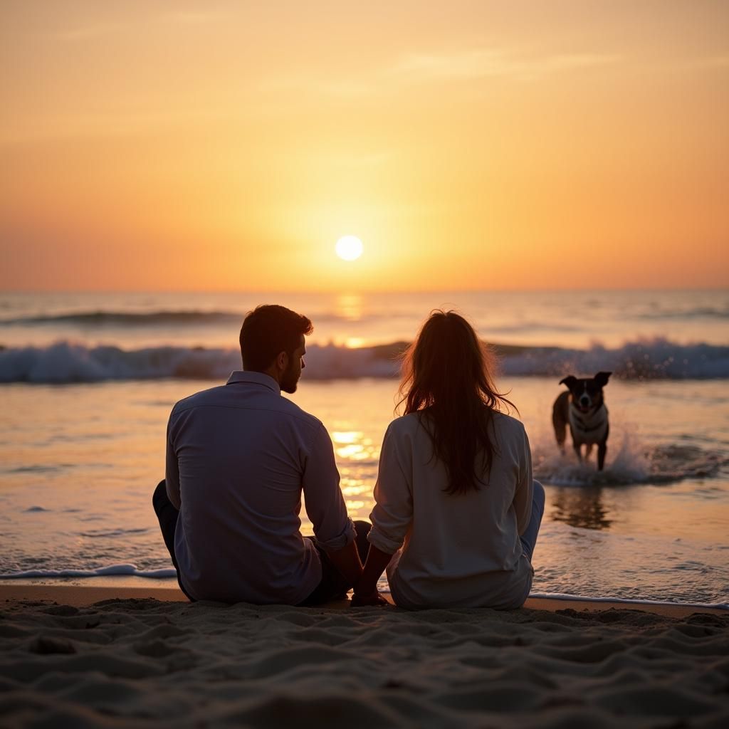 Romantic Sunset Scene with Couple and Dog