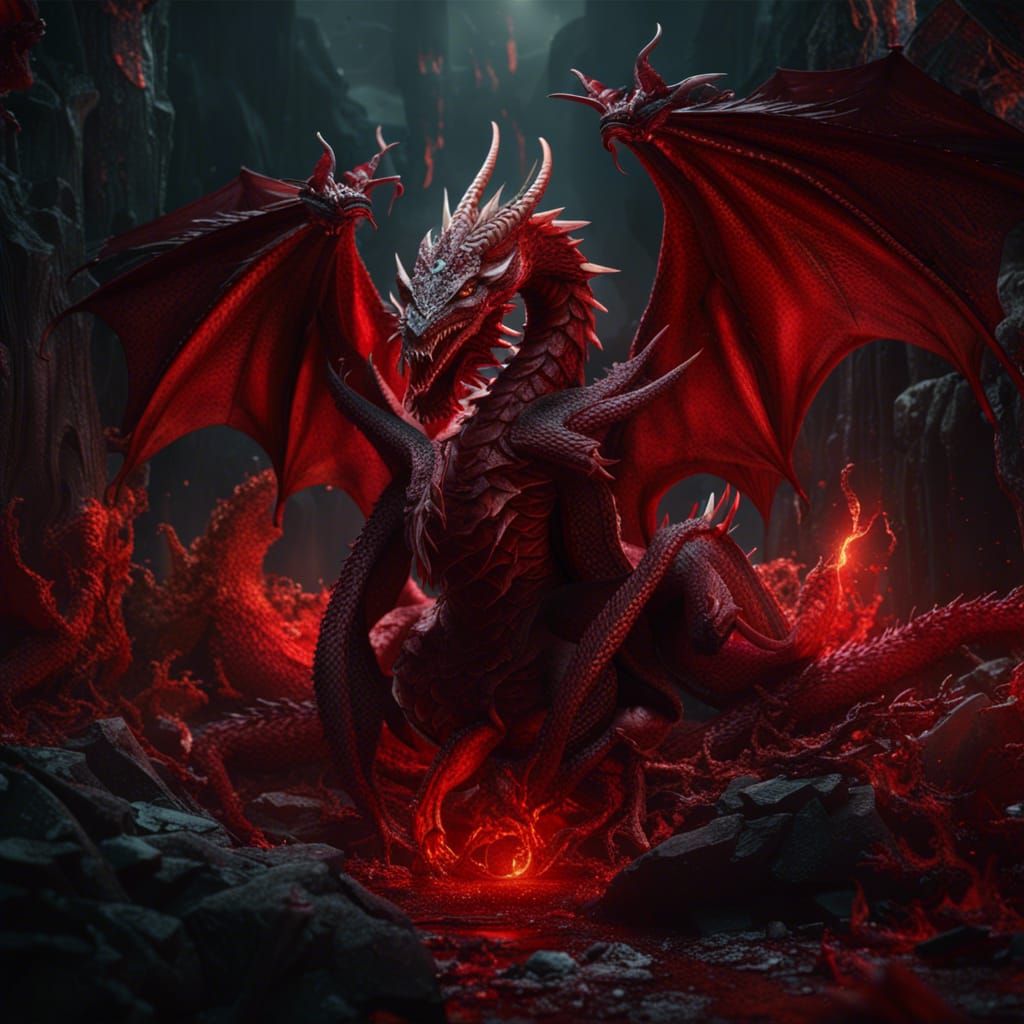 Red Dragon with Demons in Fantasy Concept Art