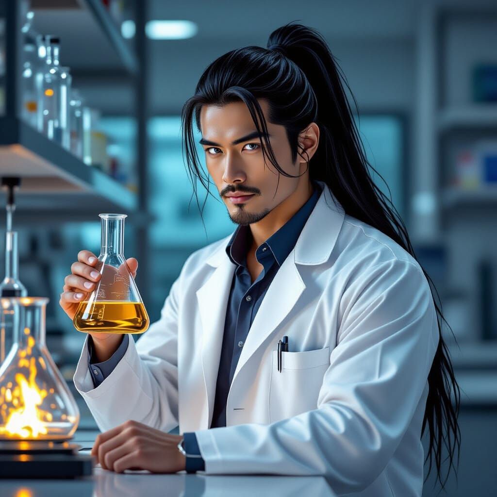 Sci-Fi Scientist in Laboratory with Flask