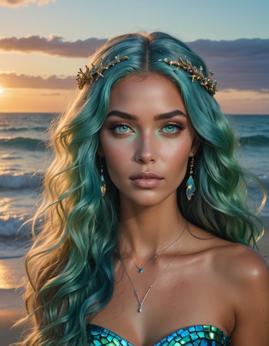 Ocean Goddess with Iridescent Hair on Sunset Beach