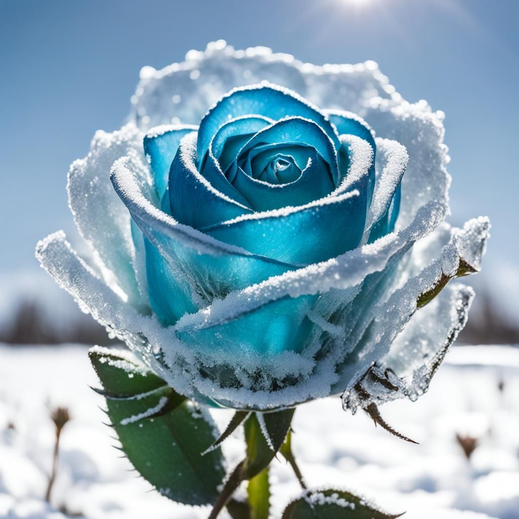 Frozen Ice Rose in Snowy Field