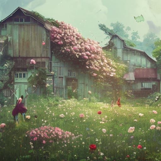 Solarpunk Farmhouse with Roses in Cyberpunk Style