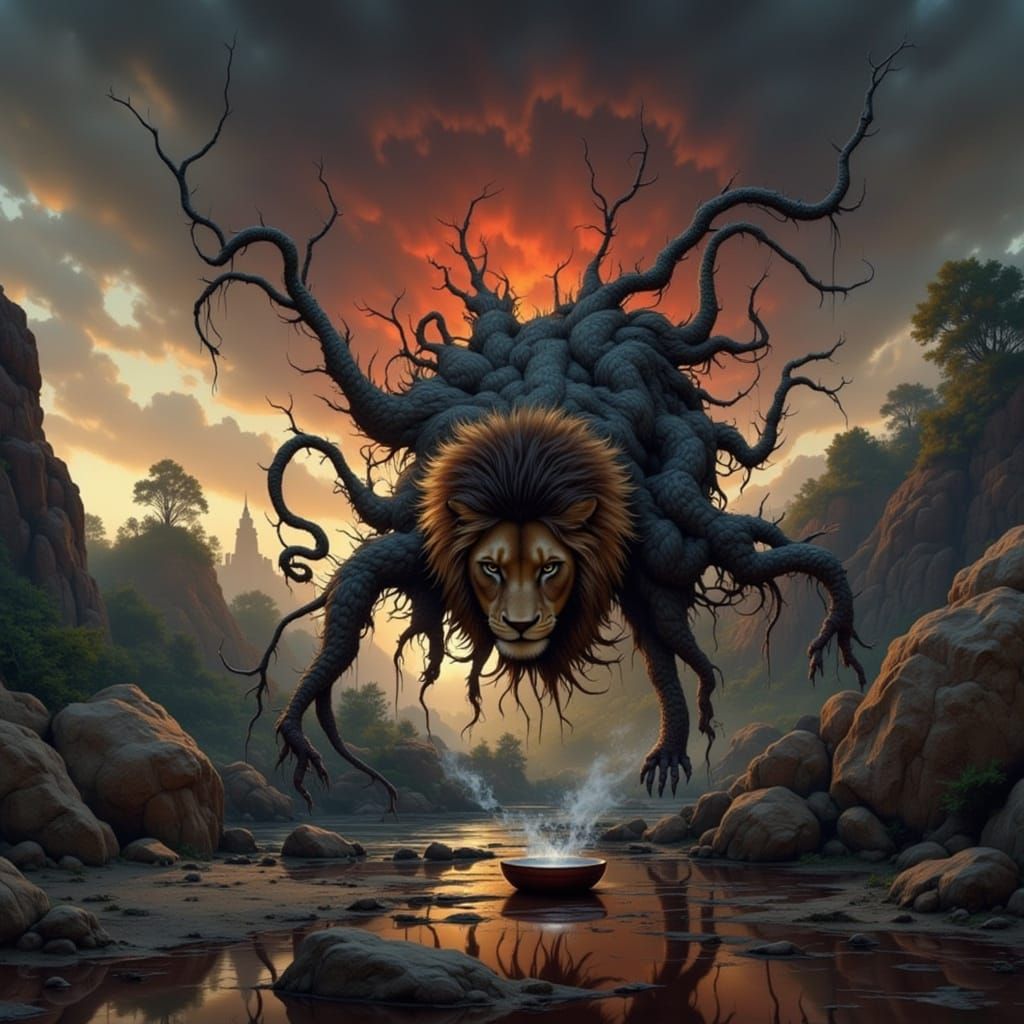 Majestic Lion Drinks Milk in Golden Hour Jungle