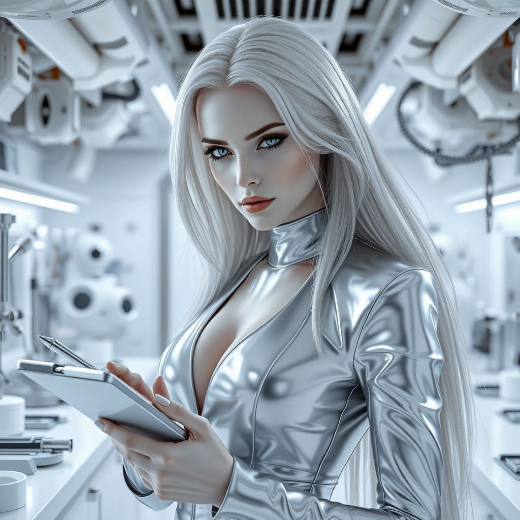 Silver Assassin in Futuristic Lab, Digital Art