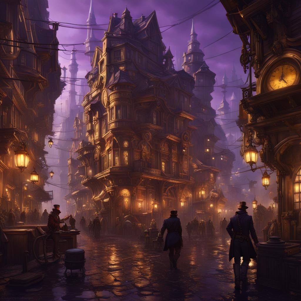 Detailed Steampunk City in Art Nouveau Style
