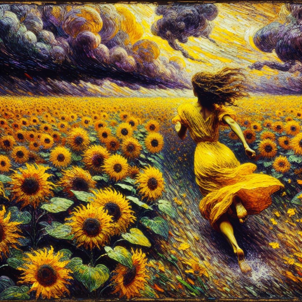 Woman in Yellow Dress Amidst Sunflowers, Encaustic Painting