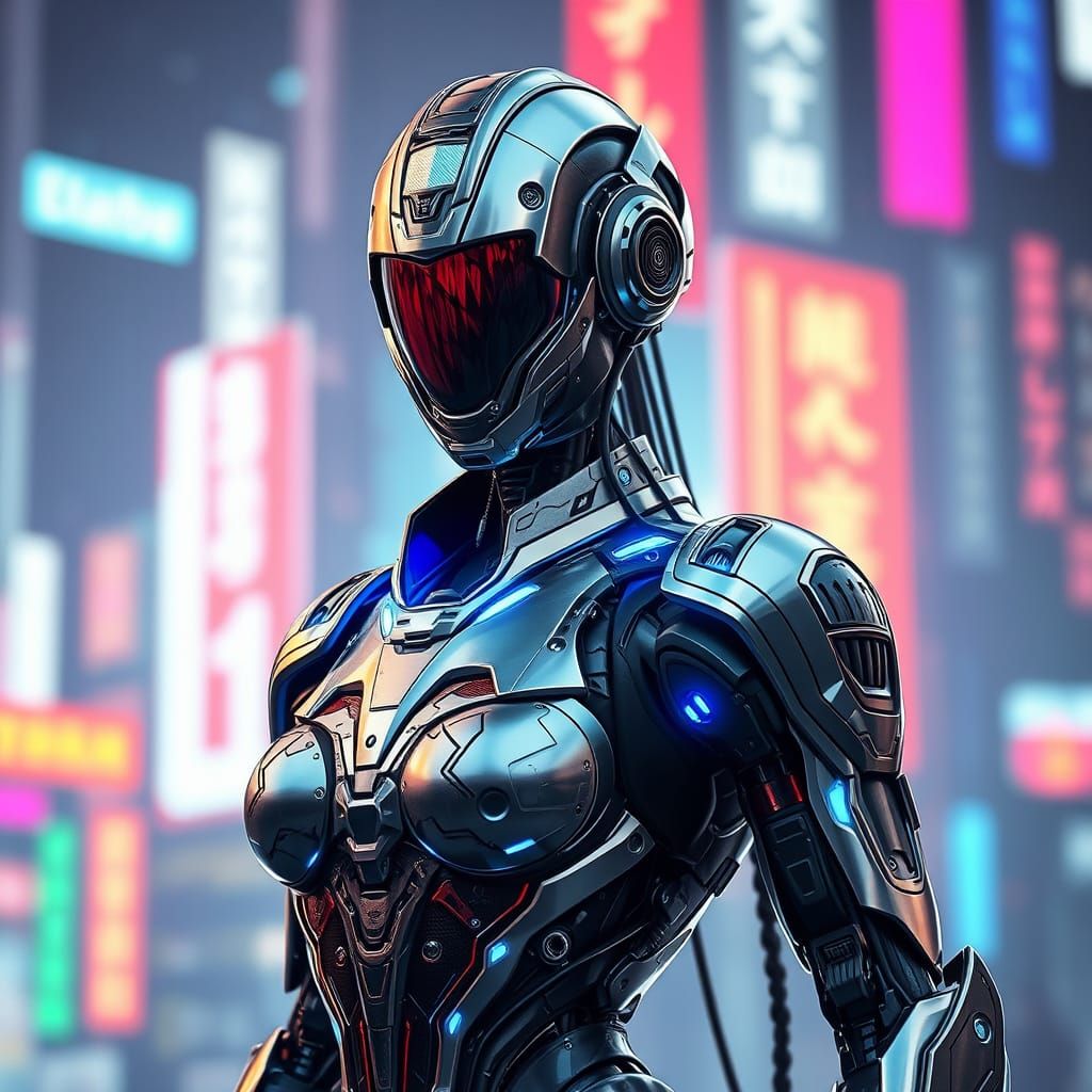 Cyberpunk Female Robot Samurai with Aura of Power