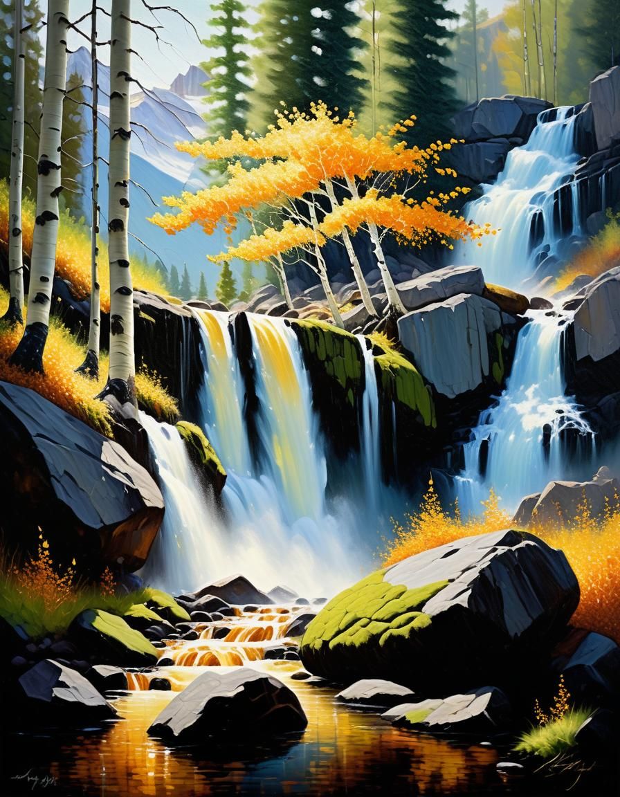 Autumn Waterfall in Aspen Grove: Oil Impasto Painting