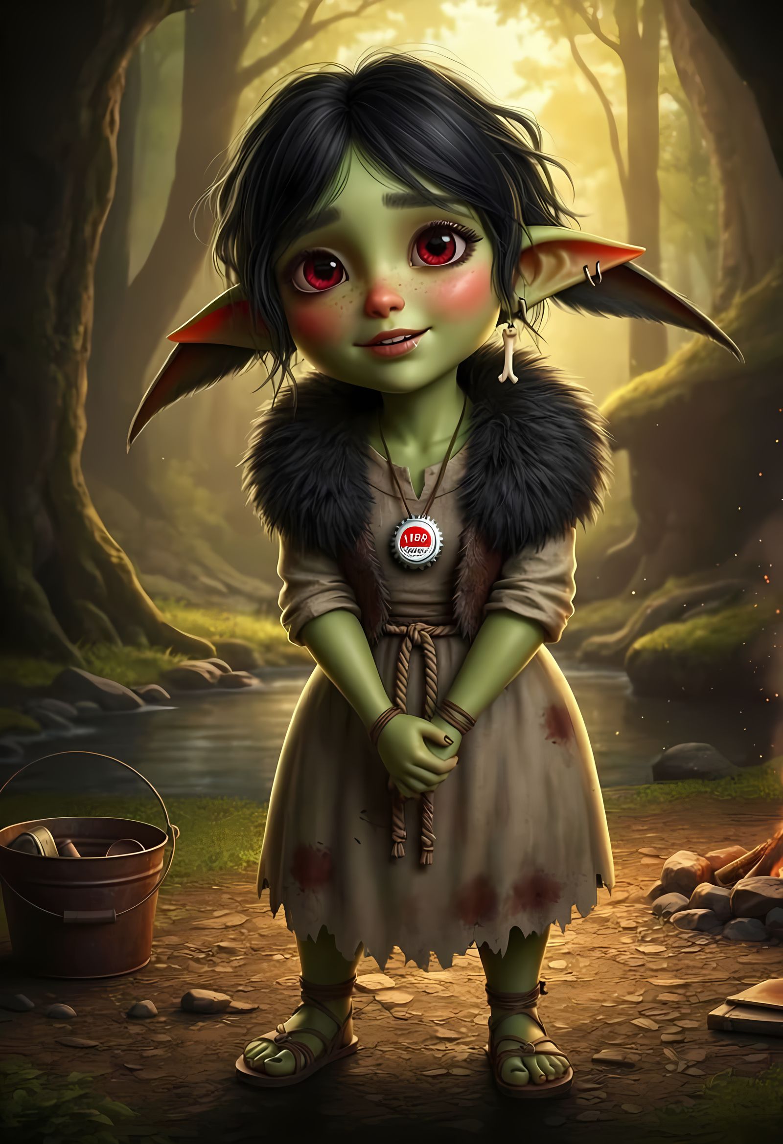 Impish Green-Skinned Woman with Large Chibi Eyes