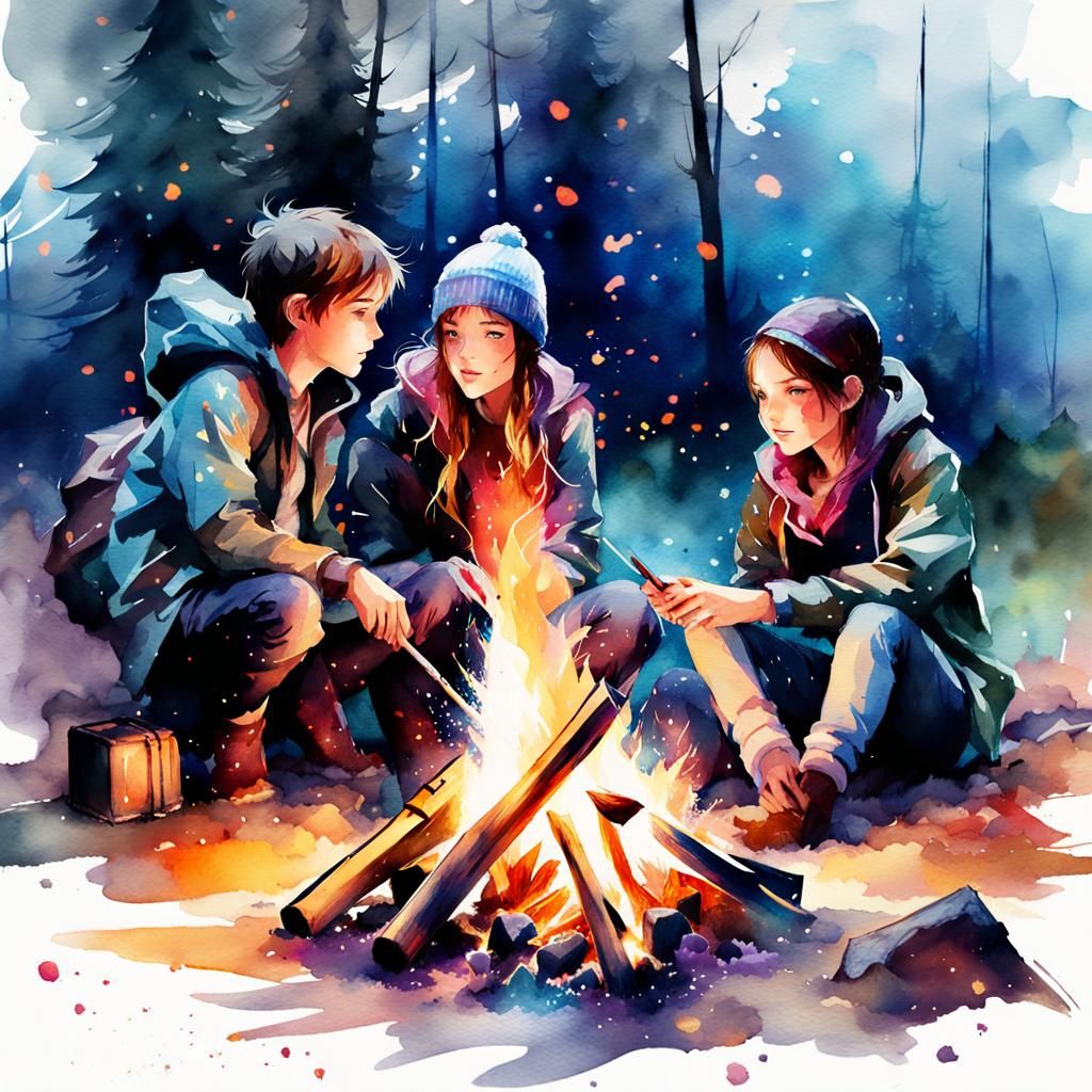 Magical Campfire Scene in Watercolor Splash Art