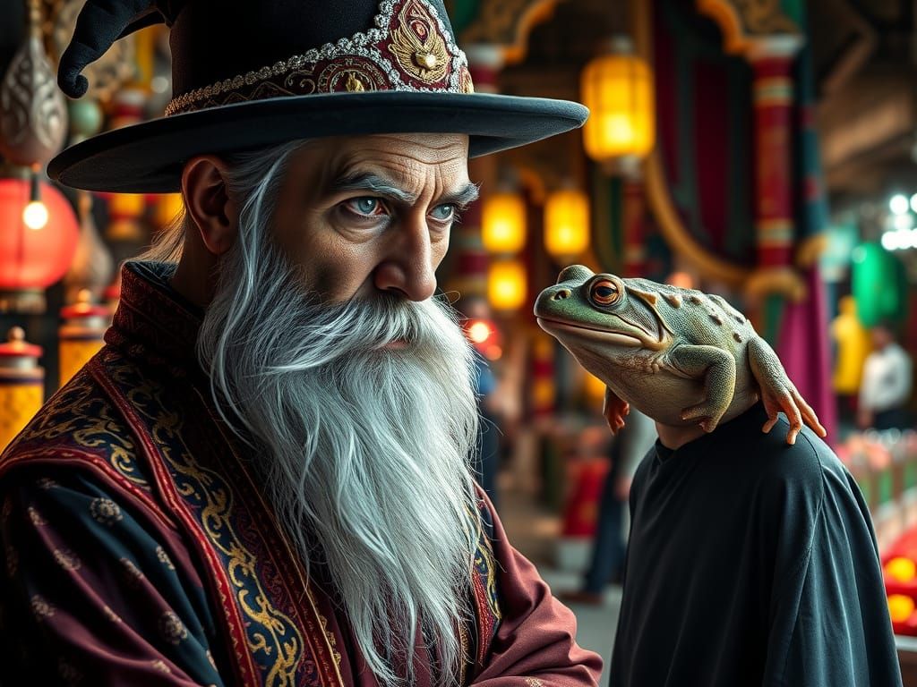 Oriental Sorcerer Transforms Man into Toad in Agrabah Bazaar
