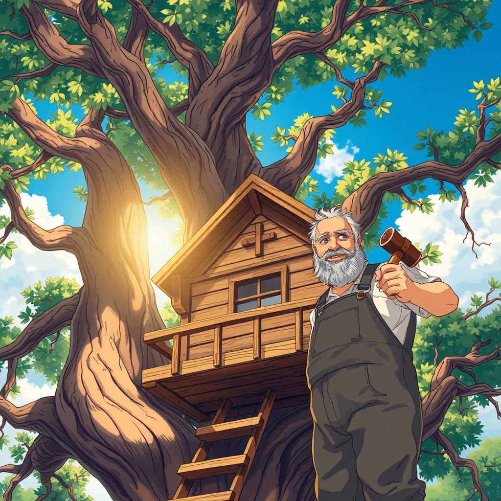 Anime-Style Treehouse Construction Scene with Grandfather