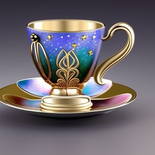 Art Deco Teacup with Jewelry on Galaxy Background