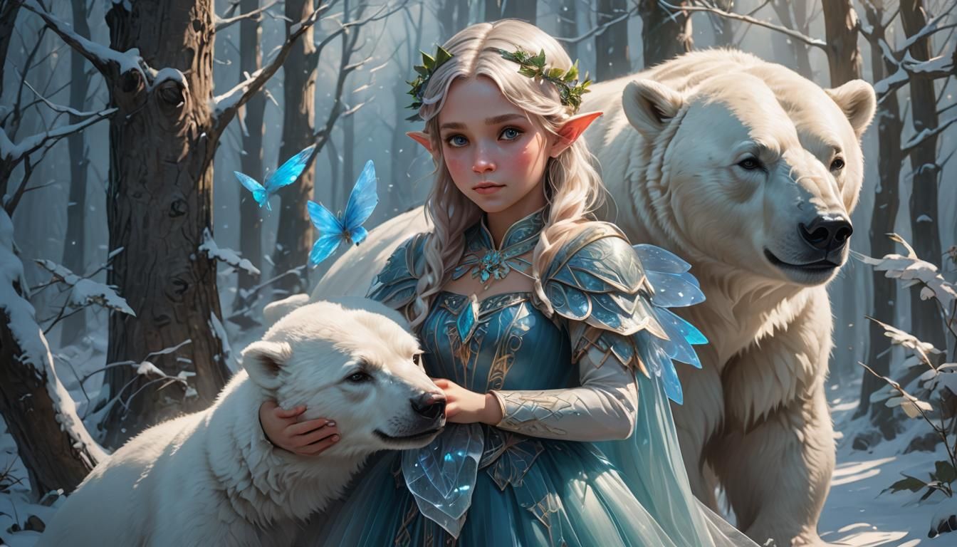 Elf Girl with Polar Bear in Winter Forest