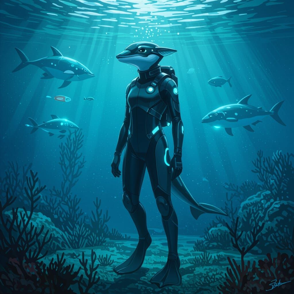 Futuristic Aquatic Creature Exploring Underwater World