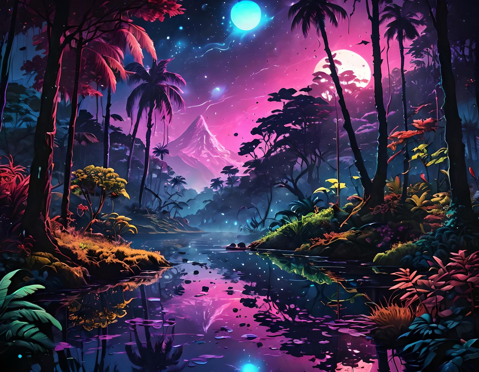Lustrous Rainforest at Sunset in Vaporwave Style