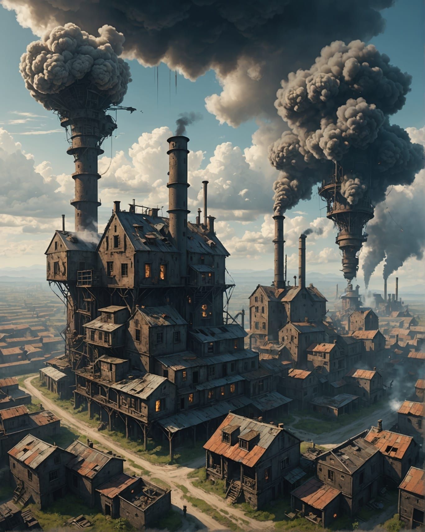 Dystopian Floating Factory in Anime Style