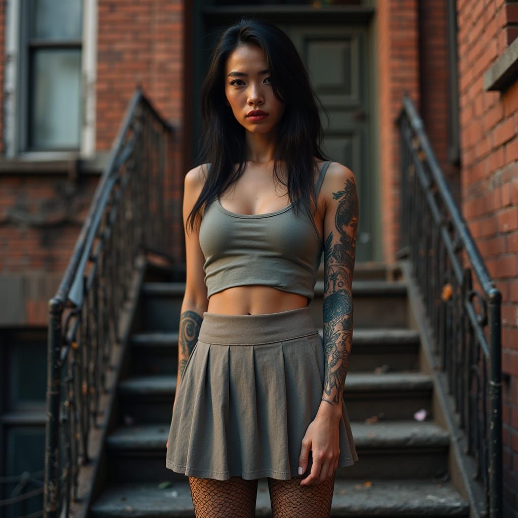 Confident Woman on Tenement Stoop: Hyper-Realistic Portrait