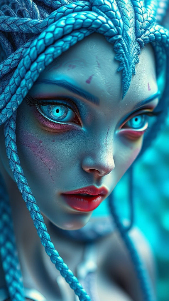 Iridescent Alien with Blue Braids and Ethereal Eyes
