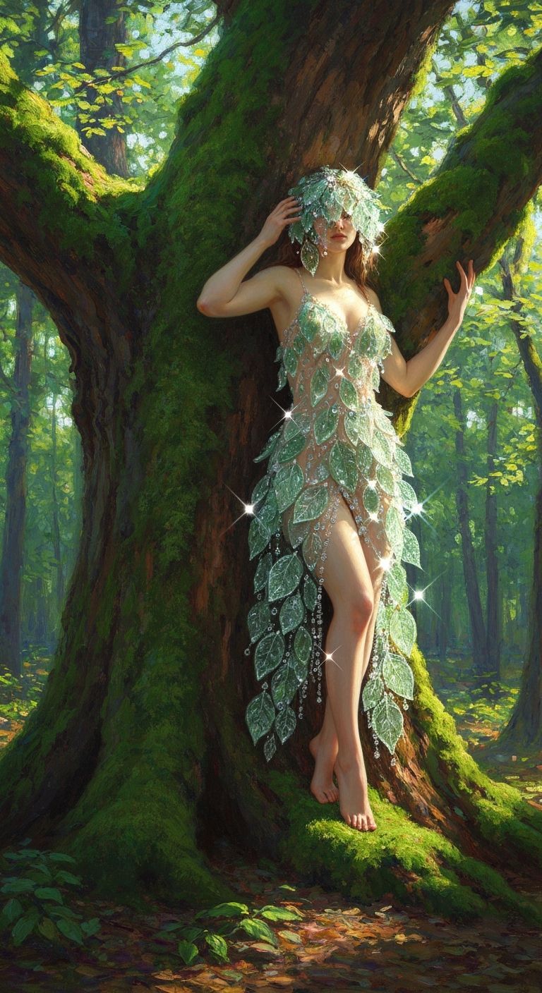 Mythical Dryad Emerging From Tree in Neo-Impressionist Style