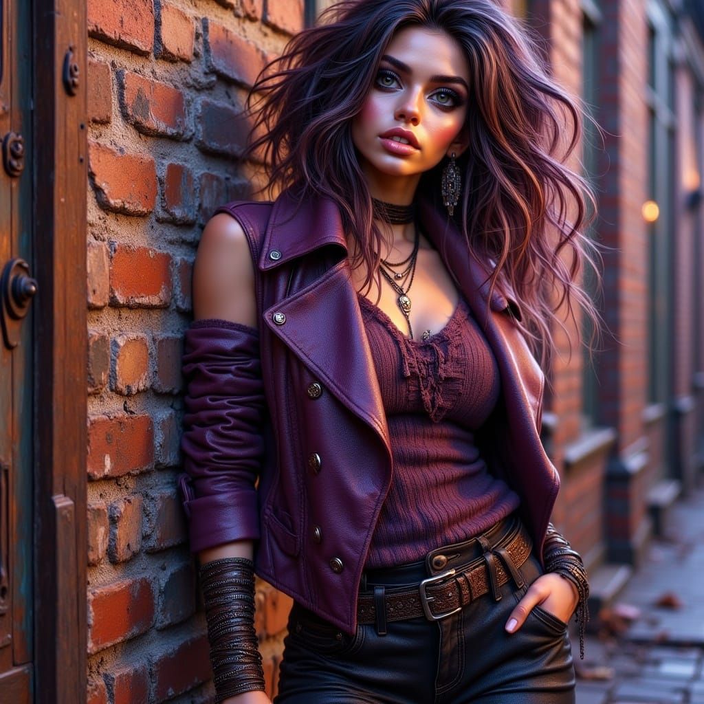 Woman in Purple Vest Leaning on Brick Wall