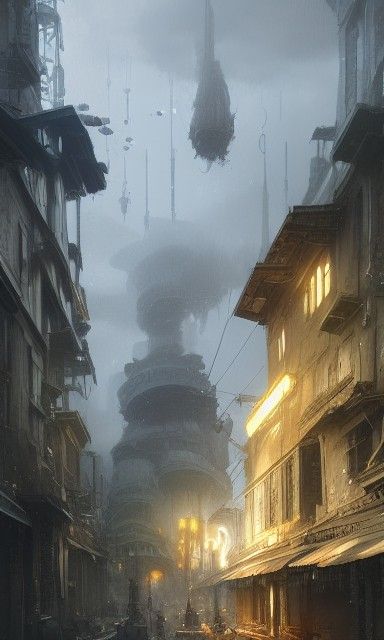 Epic Old Town with Flying Houses, Digital Art