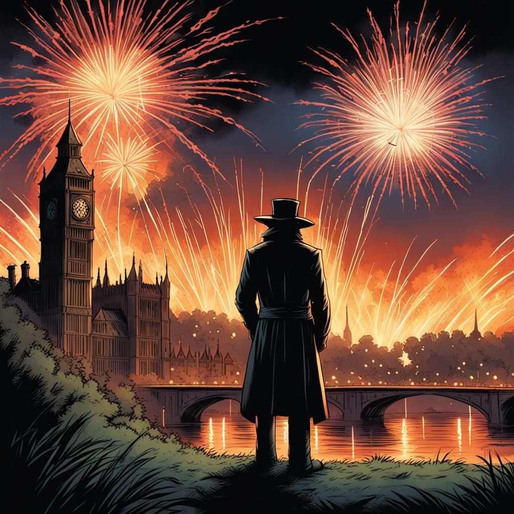 Guy Fawkes at Fireworks Display in Comic Book Style