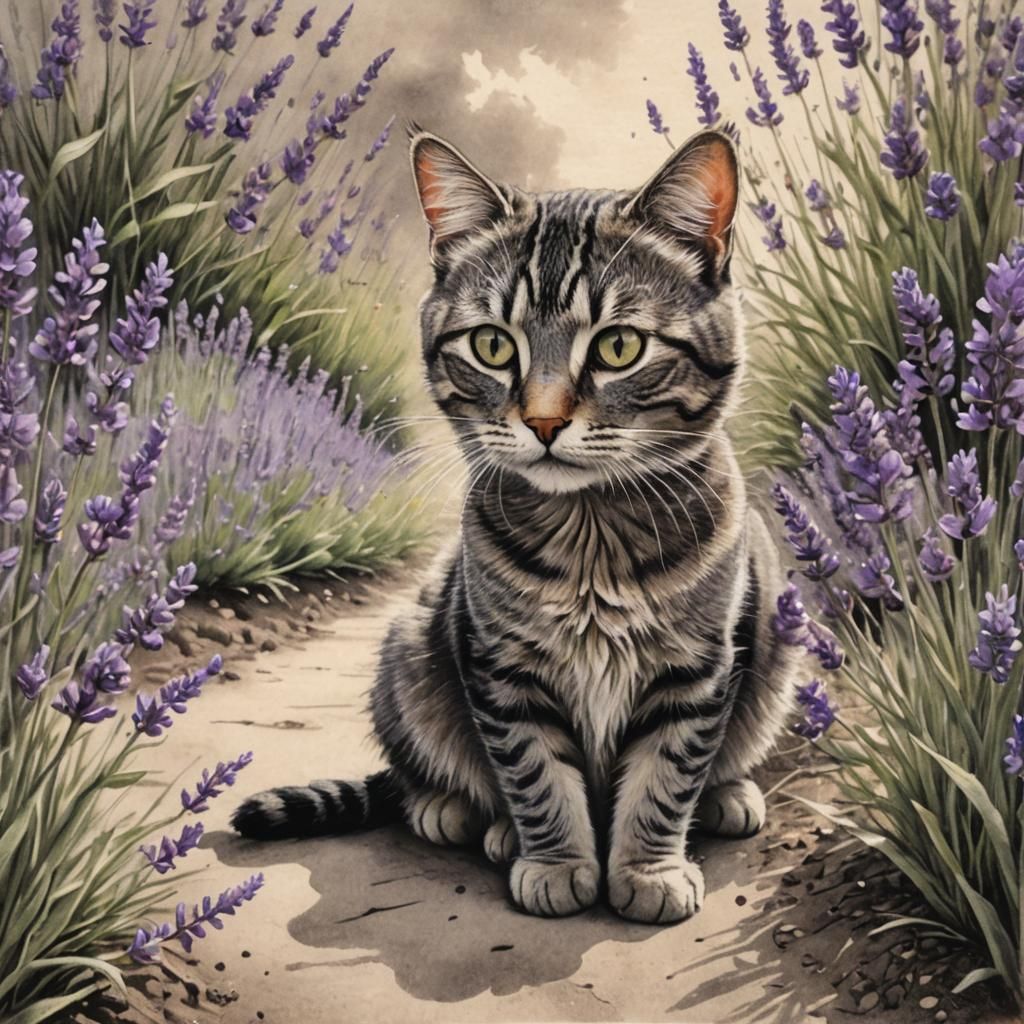 Tabby Cat Observes Girl in Lavender Field as Charcoal Art
