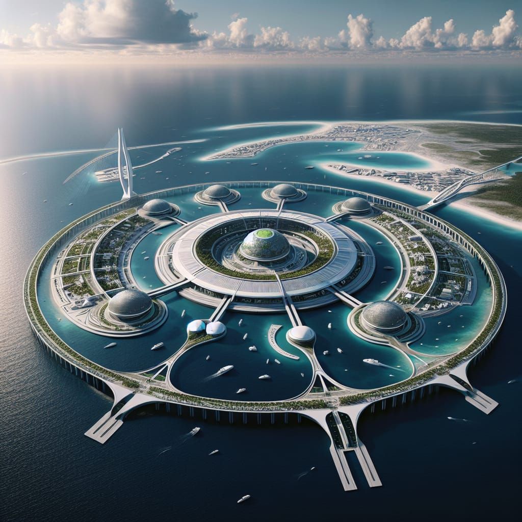 Futuristic Island Architecture on Blue Ocean