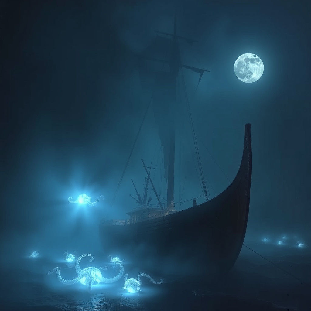 Ethereal Ship Amidst Bioluminescent Sea, Spectral Art