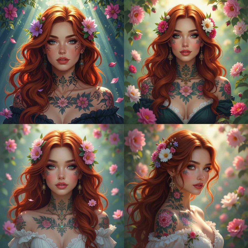 Auburn Haired Woman with Flowers and Tattoos