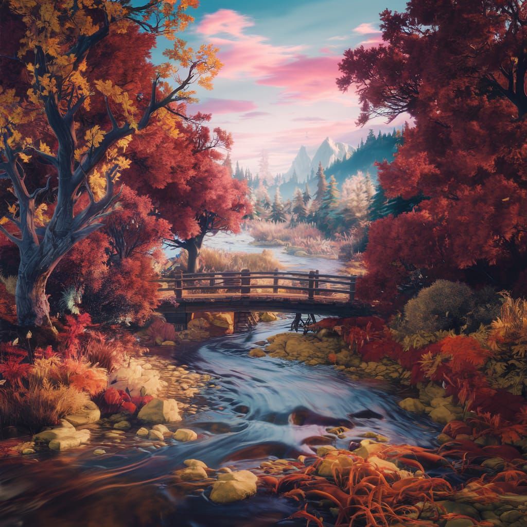 Fantastical Autumn Stream: Detailed Matte Painting