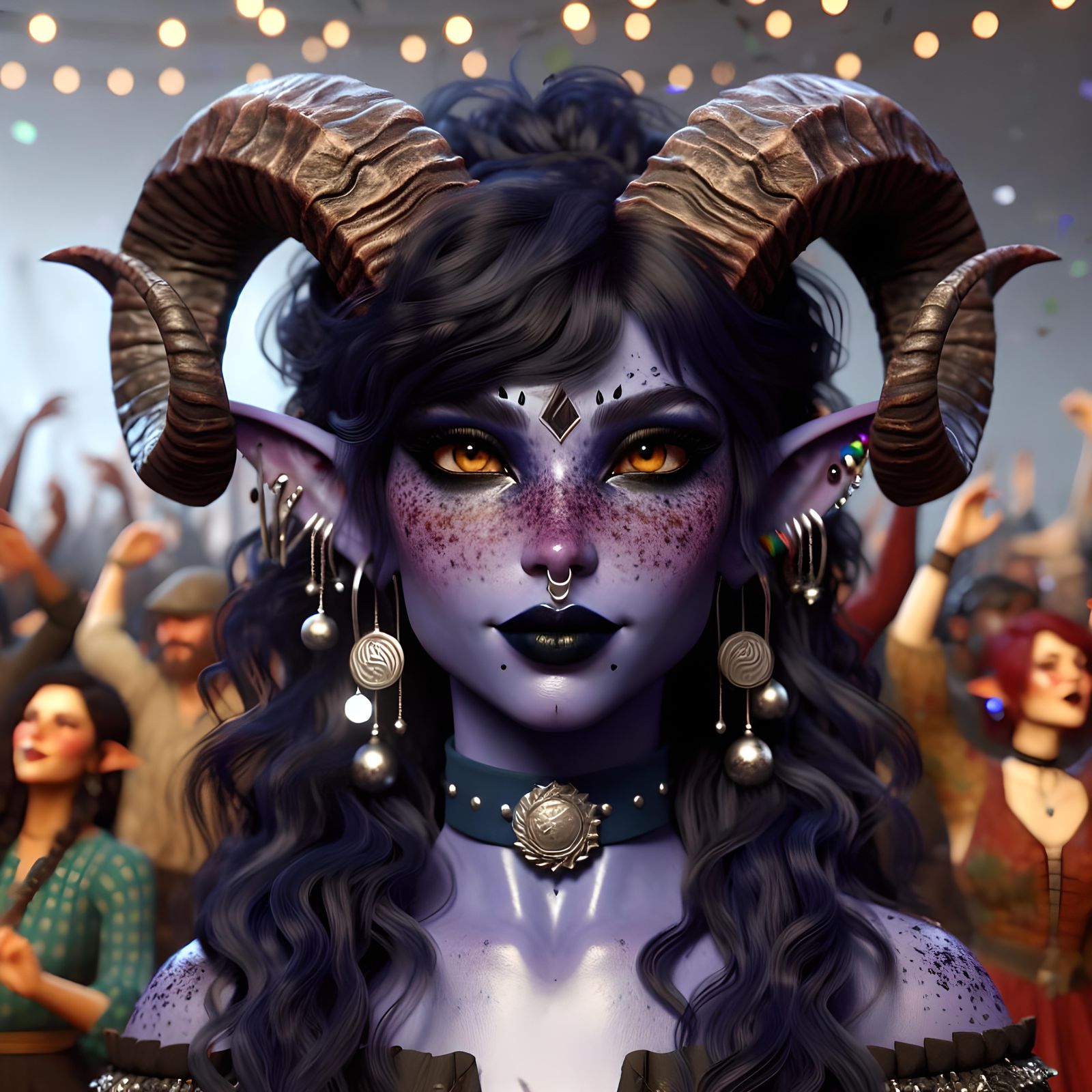 Joyous Tiefling Celebrates with Dancing Crowd