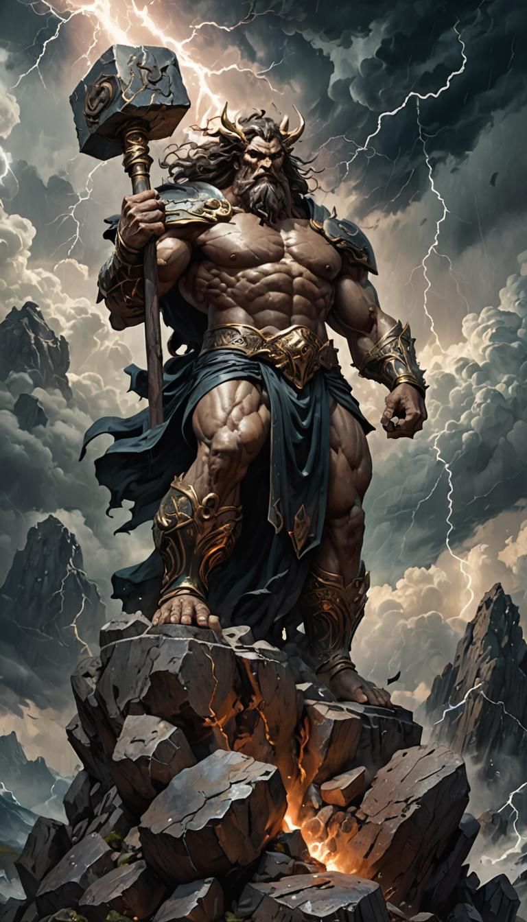Stone God Krom on Desolate Mountain, Dark Fantasy Art