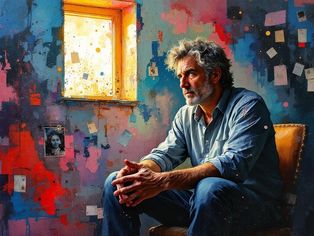 Man in Contemplative Therapy Room, Mixed Media Art