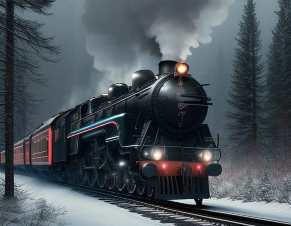 Steam Train at Night in Snowy Forest with Neon Lights