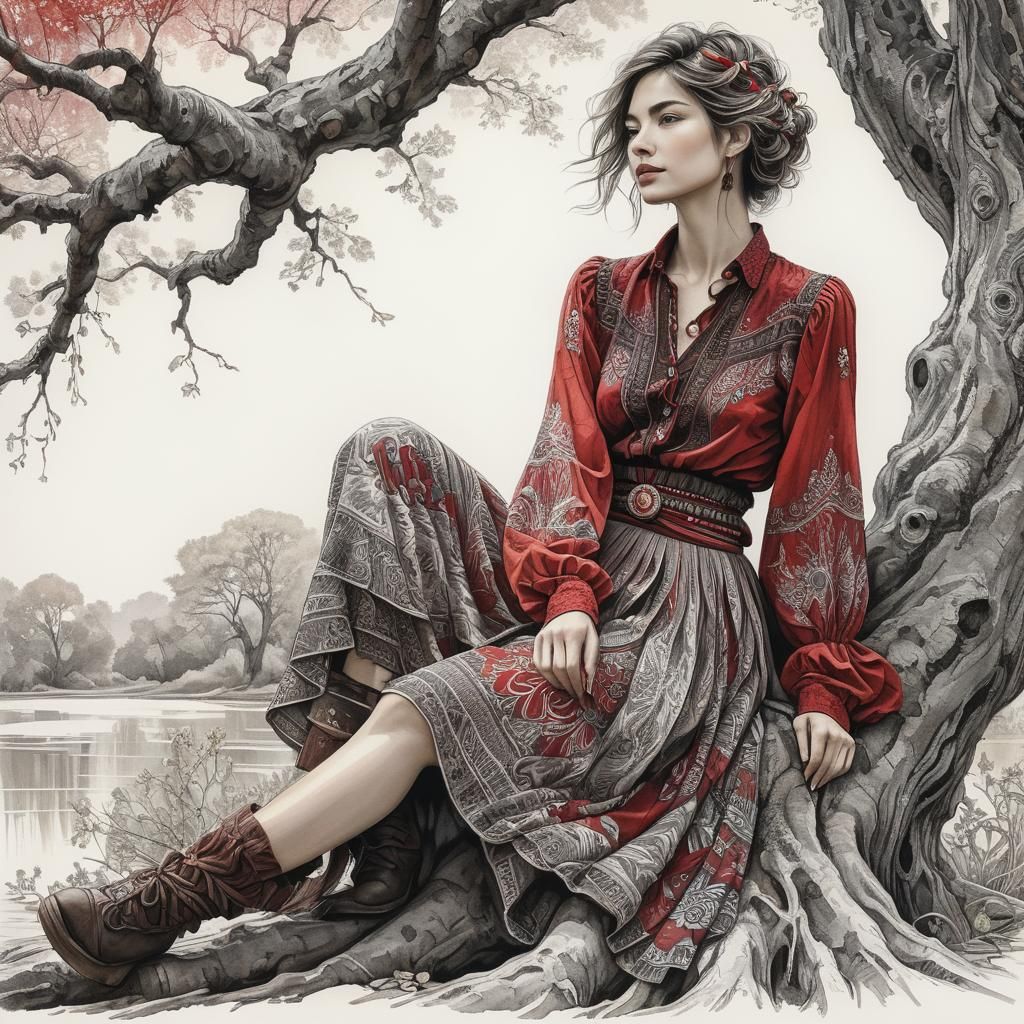 "a stunning woman with short, disheveled hair, wearing a boho style skirt and blouse, red color sitting on a tree trun. ...