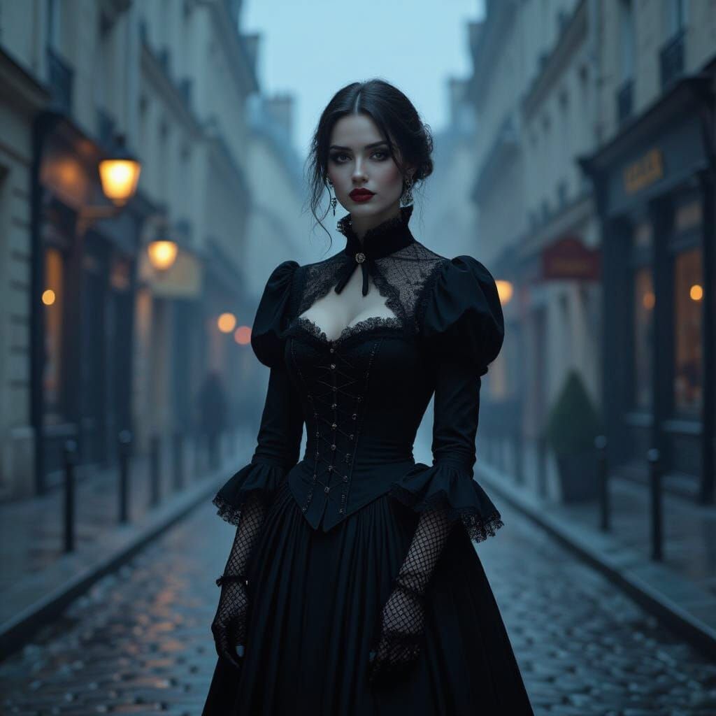 Gothic Woman in Misty Paris Street at Dusk