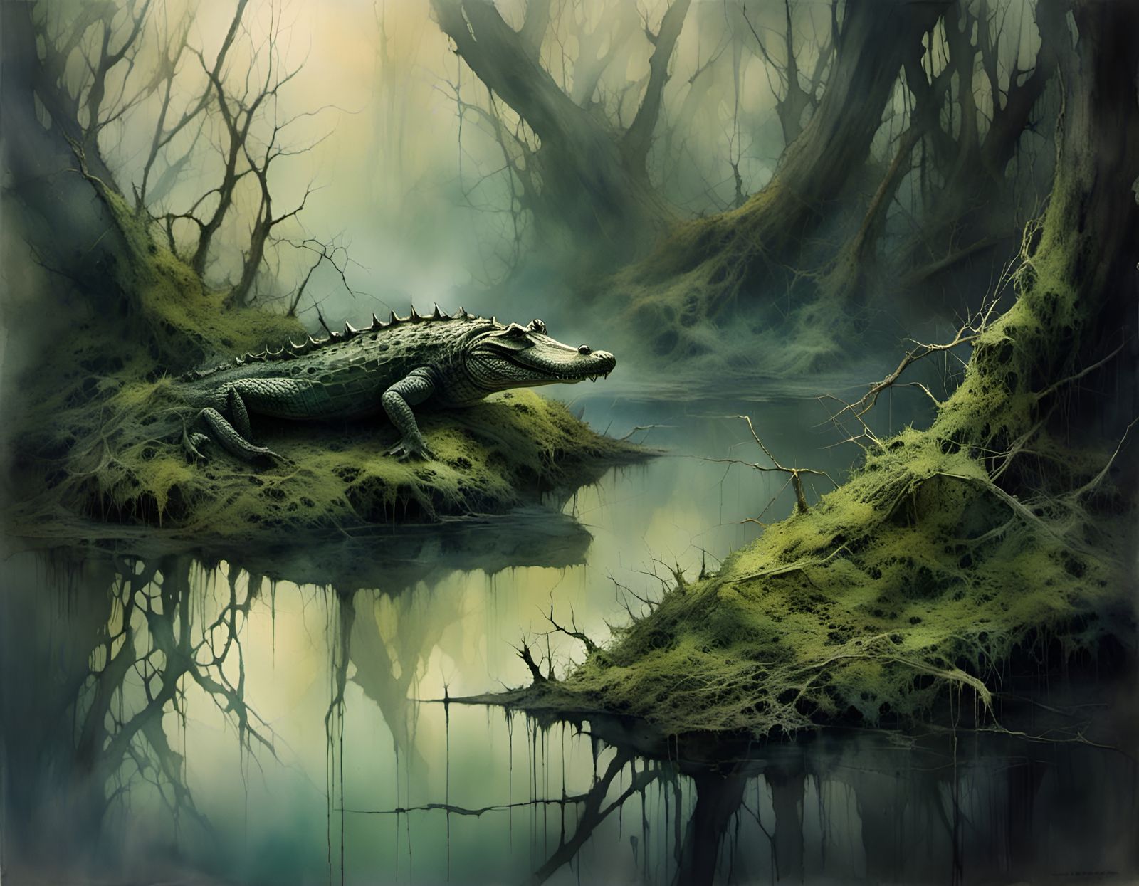 Mystical Swamp Scene with Crocodile in Focus