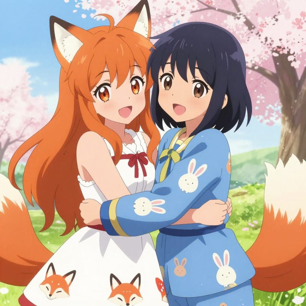 Cute Anime Friends Hugging: Kitsune and Companion