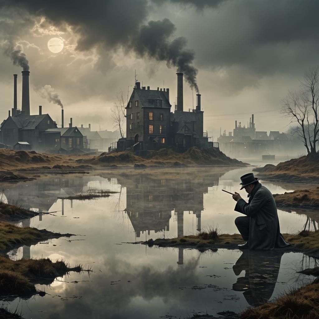 Man with Magnifying Glass in Foggy Moor