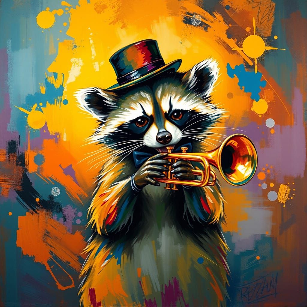 Vibrant Raccoon Trumpet Player in Abstract Art Style