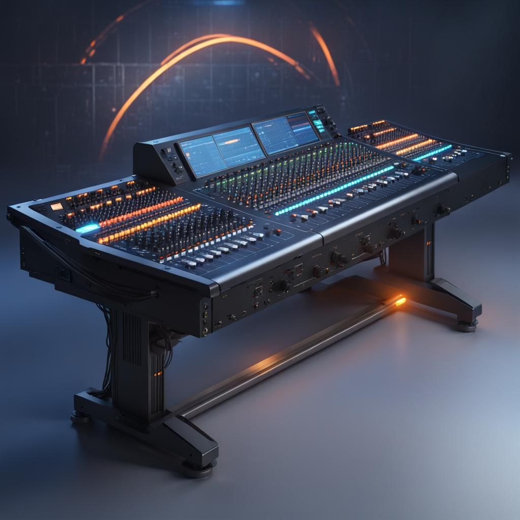 Wide Mixing Console with Sound Waves in Matte Painting