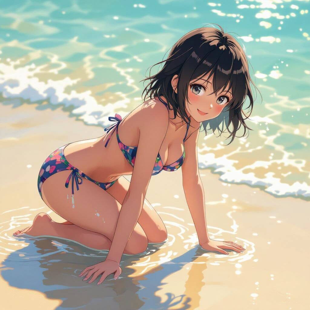 Anime Girl on Beach in Ghibli Style