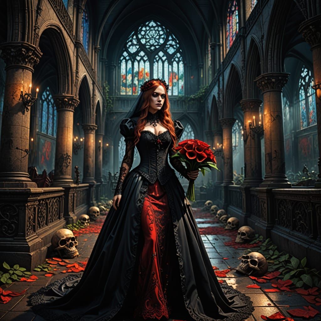 Gothic Bride Walks Down the Aisle with Death in a Hyperreali...