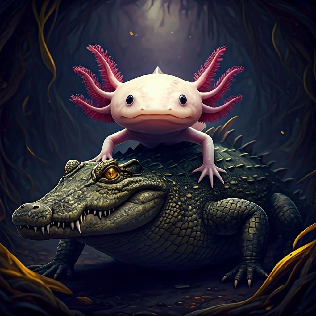 Axolotl and Crocodile in Dark Fantasy Scene